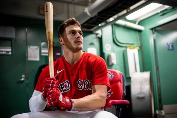 Enrique Hernandez of the Boston Red Sox looks on in the batting cage before a game against the Houston Astros on June 9, 2021 at Fenway Park in...