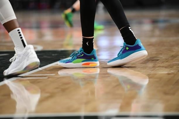 The sneakers worn by Breanna Stewart of the Seattle Storm during the game against the Atlanta Dream on June 9, 2021 at Gateway Center Arena in...