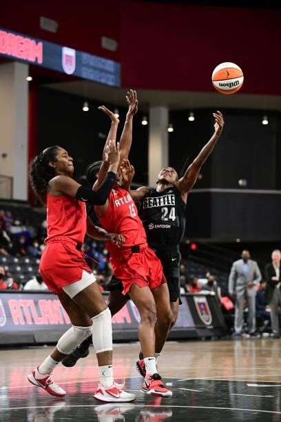 Jewell Loyd of the Seattle Storm shoots the ball during the game against the Atlanta Dream on June 9, 2021 at Gateway Center Arena in College Park,...