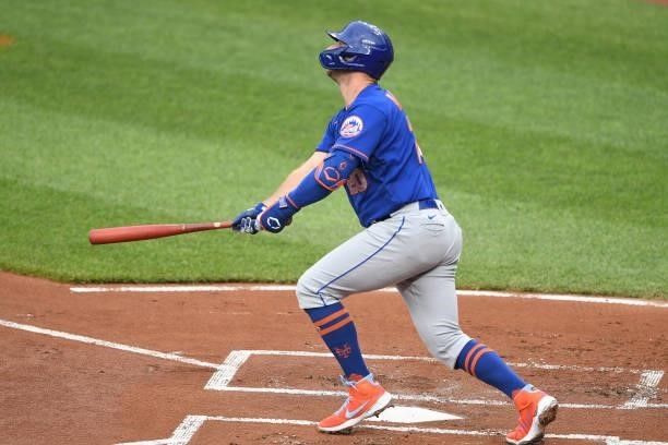 Pete Alonso of the New York Mets hits a two-run home run in the first inning during a game against the Baltimore Orioles at Oriole Park at Camden...
