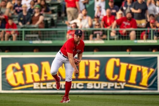 Hunter Renfroe of the Boston Red Sox throws out a runner from the outfield during the first inning of a game against the Houston Astros on June 9,...