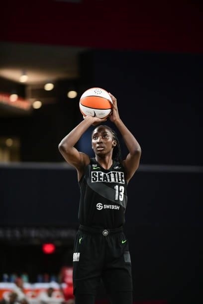 Ezi Magbegor of the Seattle Storm shoots a free throw during the game against the Atlanta Dream on June 9, 2021 at Gateway Center Arena in College...
