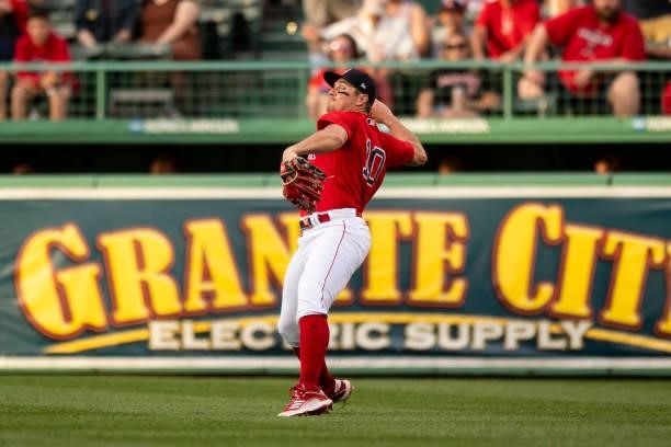 Hunter Renfroe of the Boston Red Sox throws out a runner from the outfield during the first inning of a game against the Houston Astros on June 9,...