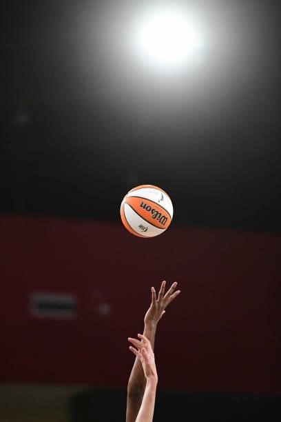Generic image of players reaching for the Wilson basketball during the game between the Seattle Storm and Atlanta Dream on June 9, 2021 at Gateway...