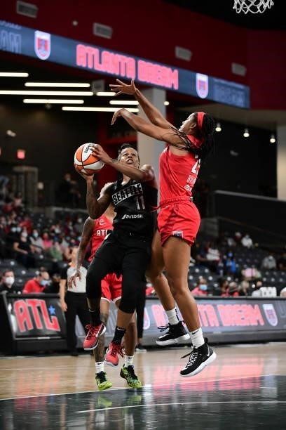 Epiphanny Prince of the Seattle Storm drives to the basket during the game against the Atlanta Dream on June 9, 2021 at Gateway Center Arena in...