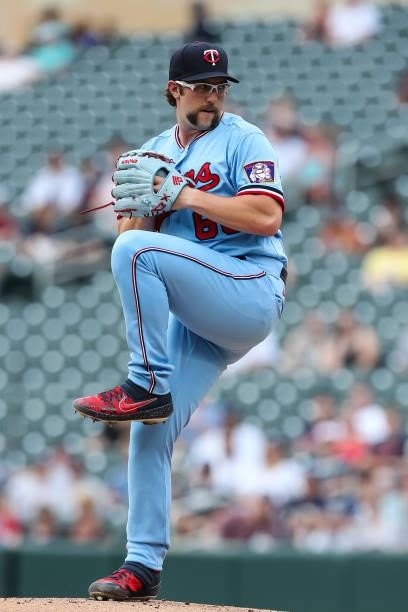 Randy Dobnak of the Minnesota Twins delivers a pitch against the New York Yankees in the first inning of the game at Target Field on June 9, 2021 in...