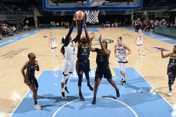 Jessica Breland of the Indiana Fever reaches for the ball against the Chicago Sky on June 9, 2021 at the Wintrust Arena in Chicago, Illinois. NOTE TO...