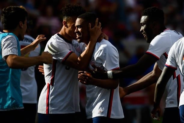 Reggie Cannon of the United States celebrates a goal with teammate Antonne Robinson during a game against Costa Rica at Rio Tinto Stadium on June 09,...