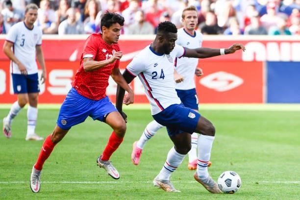 Daryl Dike of the United States controls the ball against Yeltsin Tejeda of Costa Rica during a game at Rio Tinto Stadium on June 09, 2021 in Sandy,...