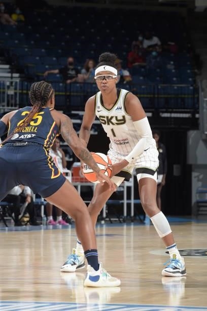 Diamond DeShields of the Chicago Sky looks to pass the ball against the Indiana Fever on June 9, 2021 at the Wintrust Arena in Chicago, Illinois....