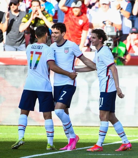 Gio Reyna of the United States celebrates a goal with teammates Sebastian Lletget and Brenden Aaronson during a game against Costa Rica at Rio Tinto...