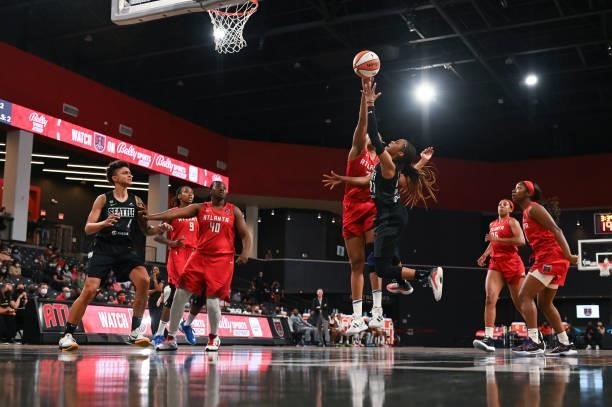 Jordin Canada of the Seattle Storm drives to the basket during the game against the Atlanta Dream on June 9, 2021 at Gateway Center Arena in College...