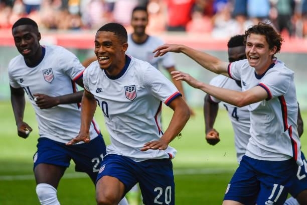 Reggie Cannon of the United States celebrates a goal during a game against Costa Rica at Rio Tinto Stadium on June 09, 2021 in Sandy, Utah.