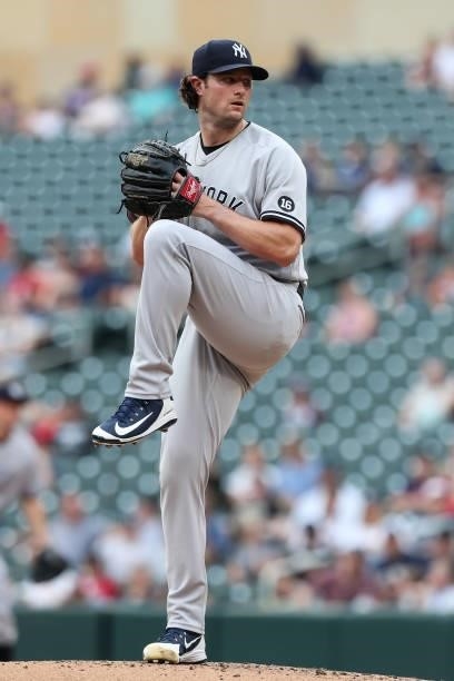 Gerrit Cole of the New York Yankees delivers a pitch against the Minnesota Twins in the first inning of the game at Target Field on June 9, 2021 in...