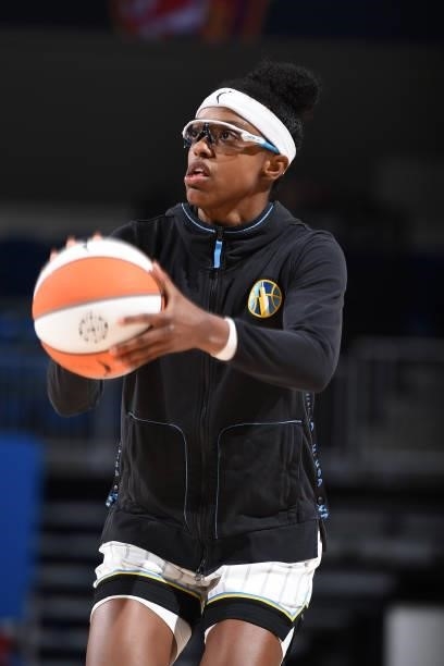 Diamond DeShields of the Chicago Sky warms up before the game against the Indiana Fever on June 9, 2021 at the Wintrust Arena in Chicago, Illinois....