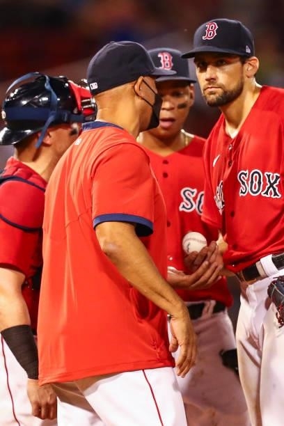 Nathan Eovaldi of the Boston Red Sox is pulled in the sixth inning of a game against the Houston Astros by head coach Alex Cora at Fenway Park on...