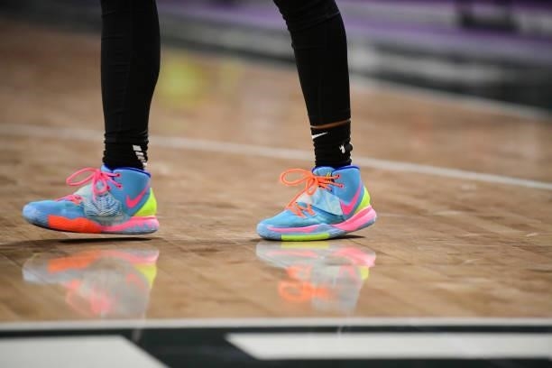 The sneakers worn by Kiana Williams of the Seattle Storm during the game against the Atlanta Dream on June 9, 2021 at Gateway Center Arena in College...