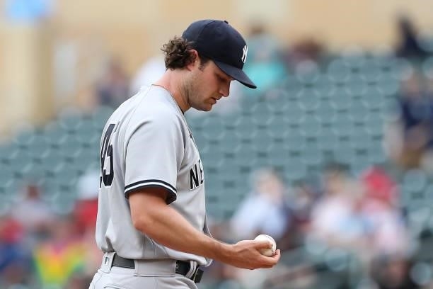 Gerrit Cole of the New York Yankees prepares to pitch against the Minnesota Twins in the first inning of the game at Target Field on June 9, 2021 in...