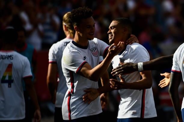 Reggie Cannon of the United States celebrates a goal with teammate Antonne Robinson during a game against Costa Rica at Rio Tinto Stadium on June 09,...