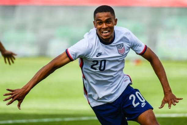 Reggie Cannon of the United States celebrates a goal during a game against Costa Rica at Rio Tinto Stadium on June 09, 2021 in Sandy, Utah.