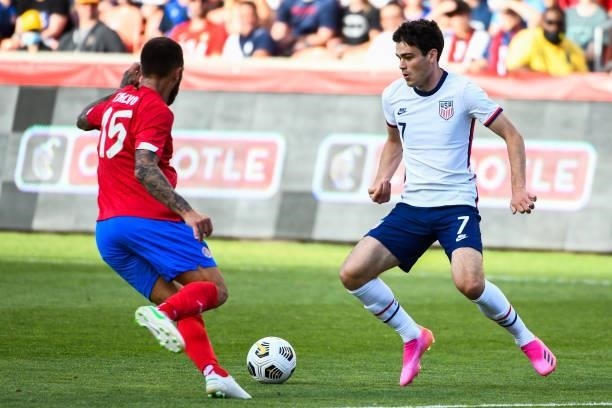 Gio Reyna of the United States controls the ball against Francisco Calvo of Costa Rica during a game at Rio Tinto Stadium on June 09, 2021 in Sandy,...