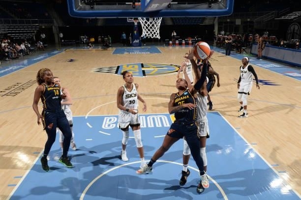 Tiffany Mitchell of the Indiana Fever shoots the ball against the Chicago Sky on June 9, 2021 at the Wintrust Arena in Chicago, Illinois. NOTE TO...
