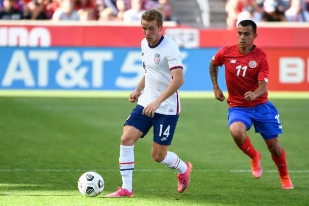 Yueill Jackson of the United States controls the ball past Randall Leal of Costa Rica during a game at Rio Tinto Stadium on June 09, 2021 in Sandy,...