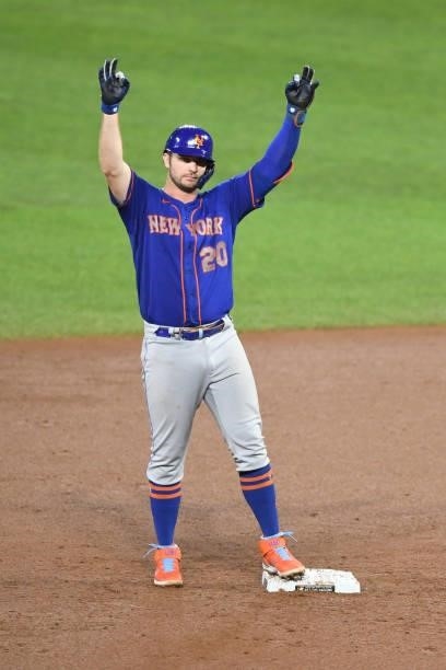 Pete Alonso of the New York Mets celebrates a double in the ninth inning during a game against the Baltimore Orioles at Oriole Park at Camden Yards...