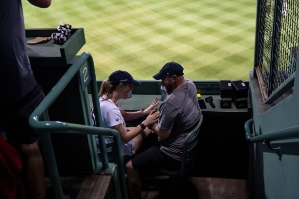 Fans react after becoming engaged during a marriage proposal during a game between the Boston Red Sox and the Houston Astros on June 9, 2021 at...