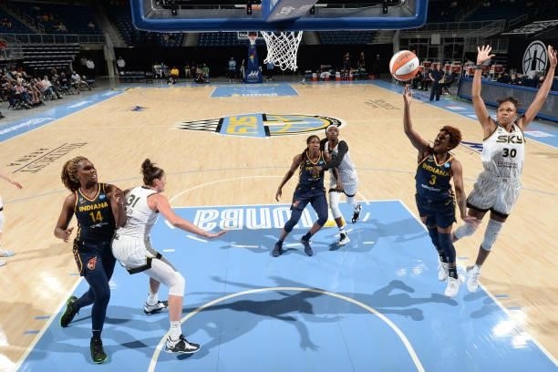 Danielle Robinson of the Indiana Fever shoots the ball against the Chicago Sky on June 9, 2021 at the Wintrust Arena in Chicago, Illinois. NOTE TO...