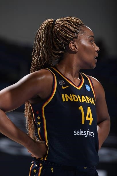 Jantel Lavender of the Indiana Fever looks on during the game against the Chicago Sky on June 9, 2021 at the Wintrust Arena in Chicago, Illinois....