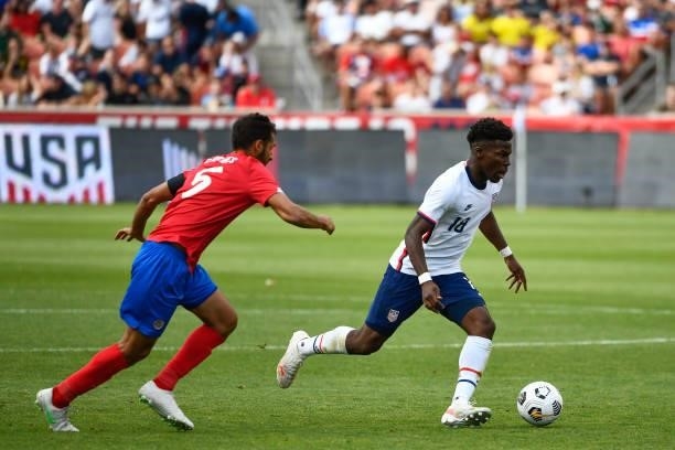 Yunus Musah of the United States in action during a game against Costa Rica at Rio Tinto Stadium on June 09, 2021 in Sandy, Utah.