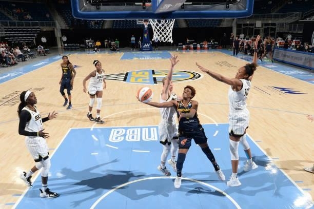 Danielle Robinson of the Indiana Fever shoots the ball against the Chicago Sky on June 9, 2021 at the Wintrust Arena in Chicago, Illinois. NOTE TO...
