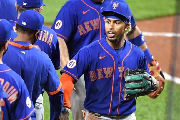 Francisco Lindor of the New York Mets celebrates their win after a game against the Baltimore Orioles at Oriole Park at Camden Yards on June 9, 2021...