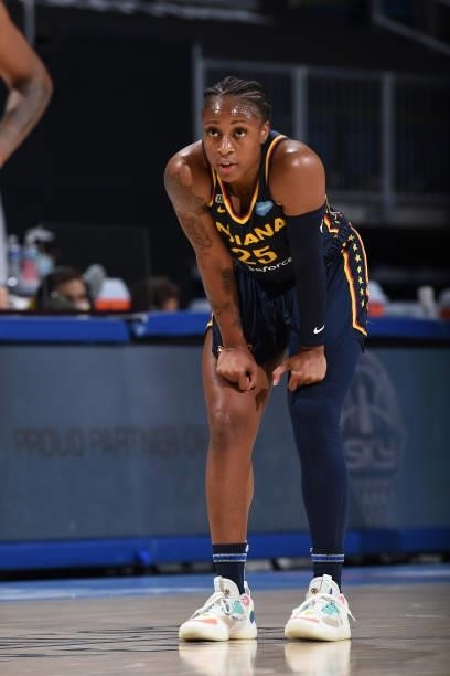 Tiffany Mitchell of the Indiana Fever looks on during the game against the Chicago Sky on June 9, 2021 at the Wintrust Arena in Chicago, Illinois....