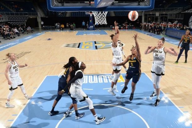Kelsey Mitchell of the Indiana Fever shoots the ball against the Chicago Sky on June 9, 2021 at the Wintrust Arena in Chicago, Illinois. NOTE TO...