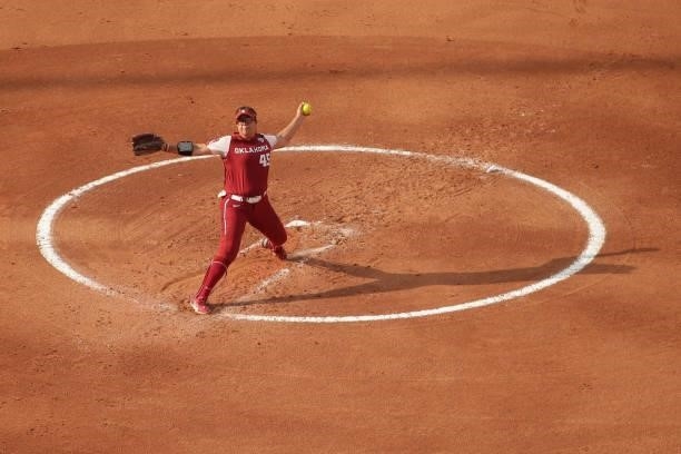 Giselle Juarez of the Oklahoma Sooners pitches during the Division I Women's Softball Championship held at ASA Hall of Fame Stadium on June 9, 2021...