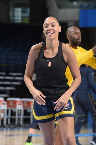 Kysre Gondrezick of the Indiana Fever smiles before the game against the Chicago Sky on June 9, 2021 at the Wintrust Arena in Chicago, Illinois. NOTE...