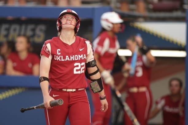 Lynnsie Elam of the Oklahoma Sooners looks to the sky as she walks up to bat during the Division I Women's Softball Championship held at ASA Hall of...