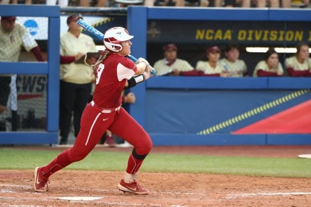 Kinzie Hansen of the Oklahoma Sooners hits against the Florida St. Seminoles during the Division I Women's Softball Championship held at ASA Hall of...