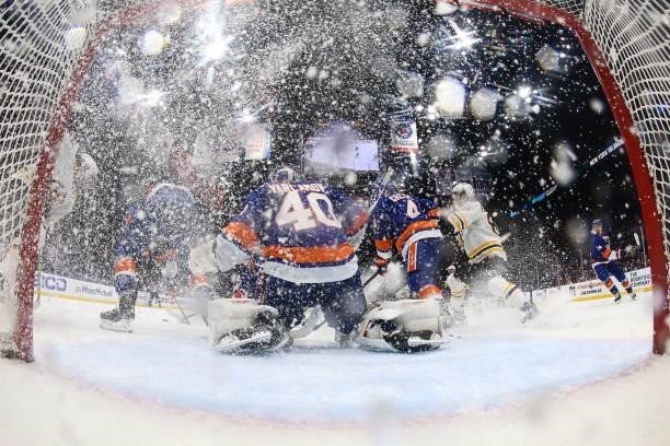 Semyon Varlamov of the New York Islanders tends net against the Boston Bruins during the first period in Game Six of the Second Round of the 2021...