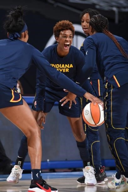 Danielle Robinson of the Indiana Fever gets pumped before the game against the Chicago Sky on June 9, 2021 at the Wintrust Arena in Chicago,...