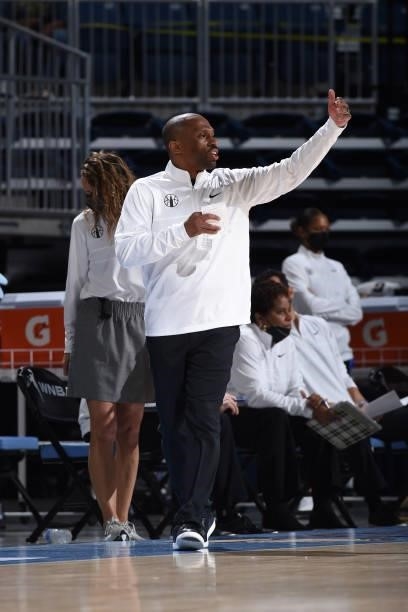 Head Coach, James Wade of the Chicago Sky signals to his team during the game against the Indiana Fever on June 9, 2021 at the Wintrust Arena in...