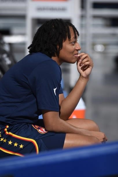 Kelsey Mitchell of the Indiana Fever looks on before the game against the Chicago Sky on June 9, 2021 at the Wintrust Arena in Chicago, Illinois....