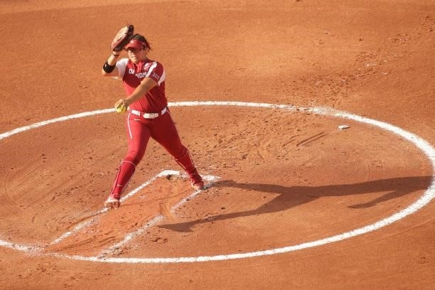 Giselle Juarez of the Oklahoma Sooners pitches during the Division I Women's Softball Championship held at ASA Hall of Fame Stadium on June 9, 2021...