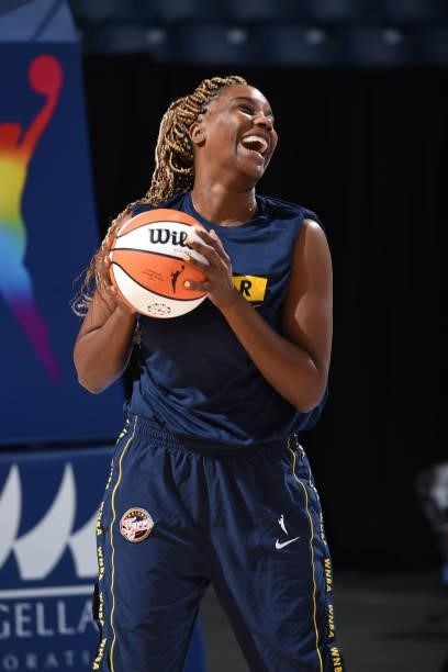 Jantel Lavender of the Indiana Fever smiles before the game against the Chicago Sky on June 9, 2021 at the Wintrust Arena in Chicago, Illinois. NOTE...