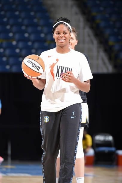 Ruthy Hebard of the Chicago Sky smiles before the game against the Indiana Fever on June 9, 2021 at the Wintrust Arena in Chicago, Illinois. NOTE TO...