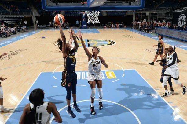 Jessica Breland of the Indiana Fever shoots the ball against the Chicago Sky on June 9, 2021 at the Wintrust Arena in Chicago, Illinois. NOTE TO...