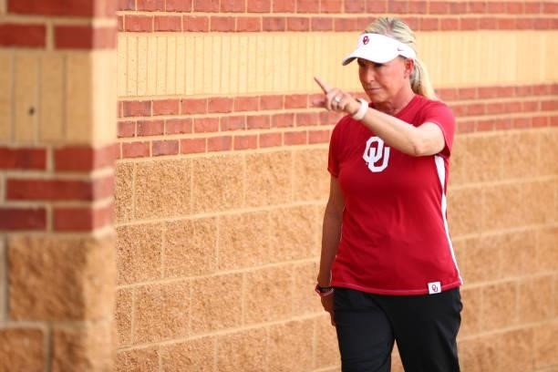 Head coach Patty Gasso of the Oklahoma Sooners arrives before the game against the Florida St. Seminoles during the Division I Women's Softball...