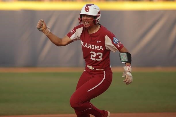 Tiare Jennings of the Oklahoma Sooners rounds second base on a home run during the Division I Women's Softball Championship held at ASA Hall of Fame...
